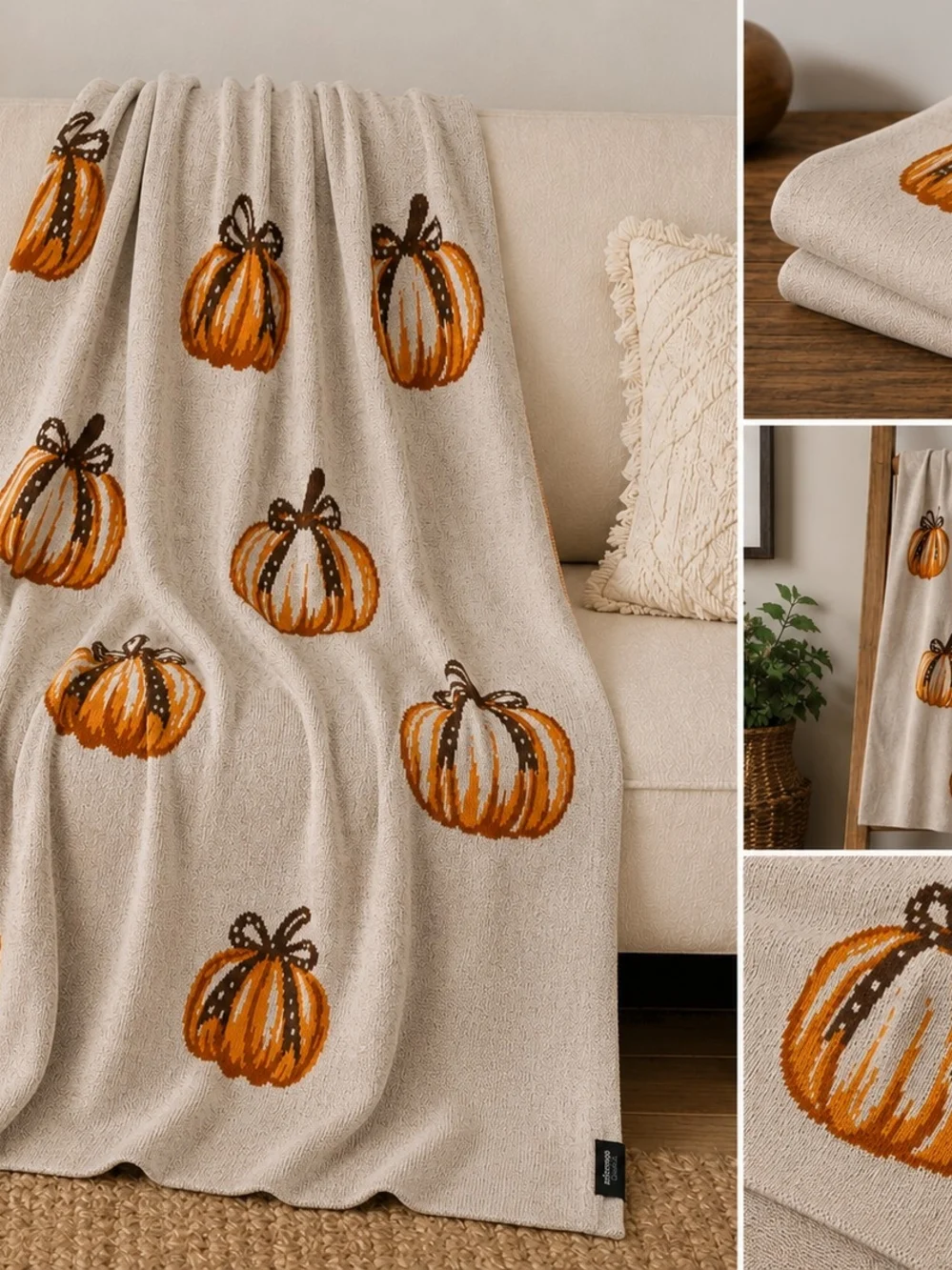 Autumn Pumpkin Knit Throw Blanket - Beige & Orange